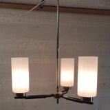 Modernist chandelier with 3 lights in metal, brass, and opaline globe - 1950s