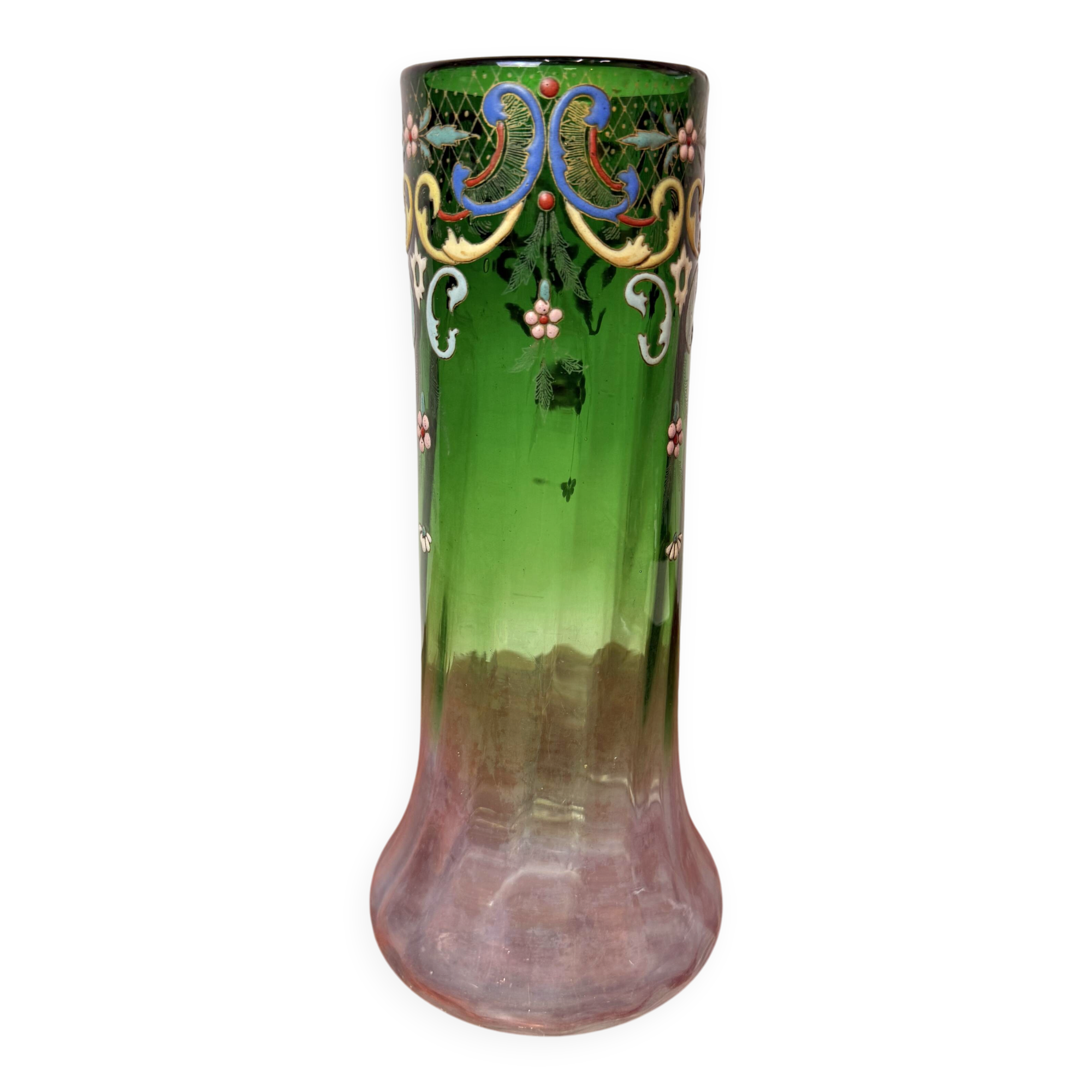 Antique Legras vase – green and transparent with polychrome enamel – Art Nouveau