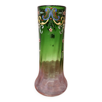 Antique Legras vase – green and transparent with polychrome enamel – Art Nouveau