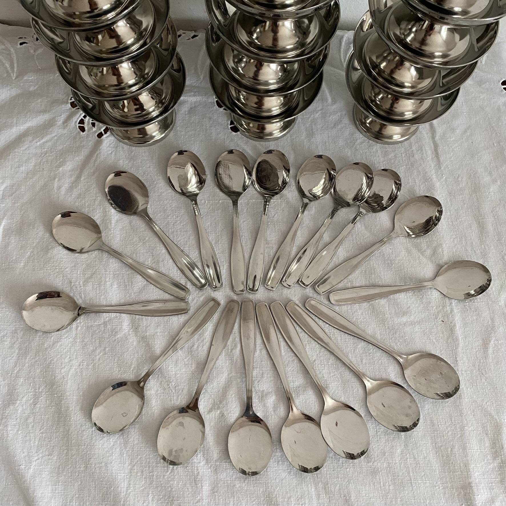 Stainless steel ice cream cups and spoons, 1960s-70s, original boxes.