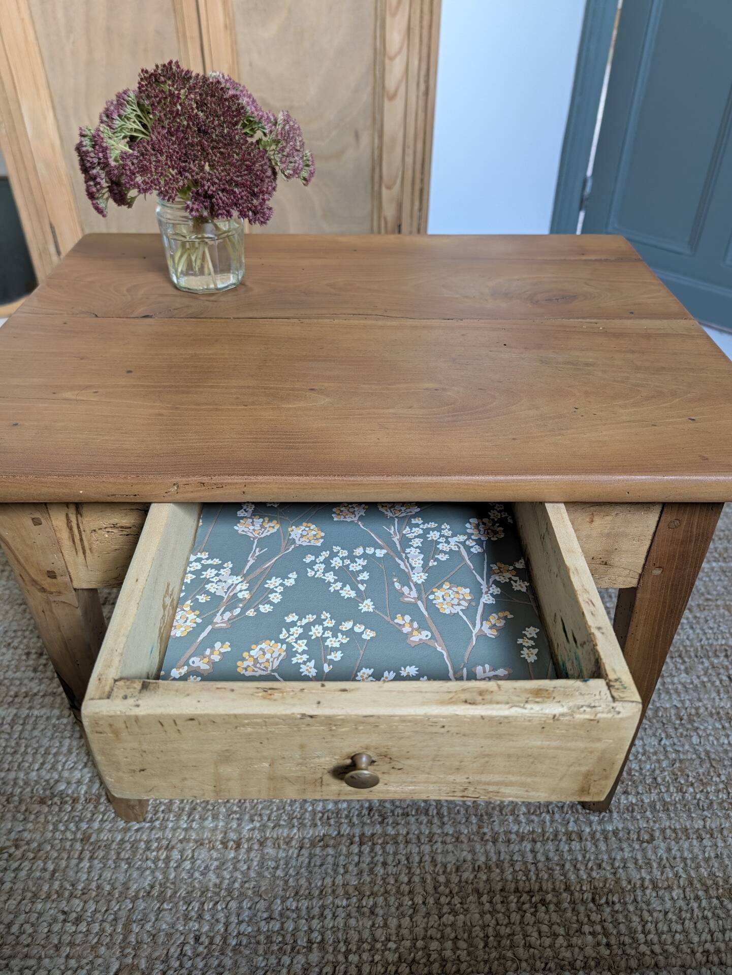 Small antique wooden coffee table with drawer, country style.