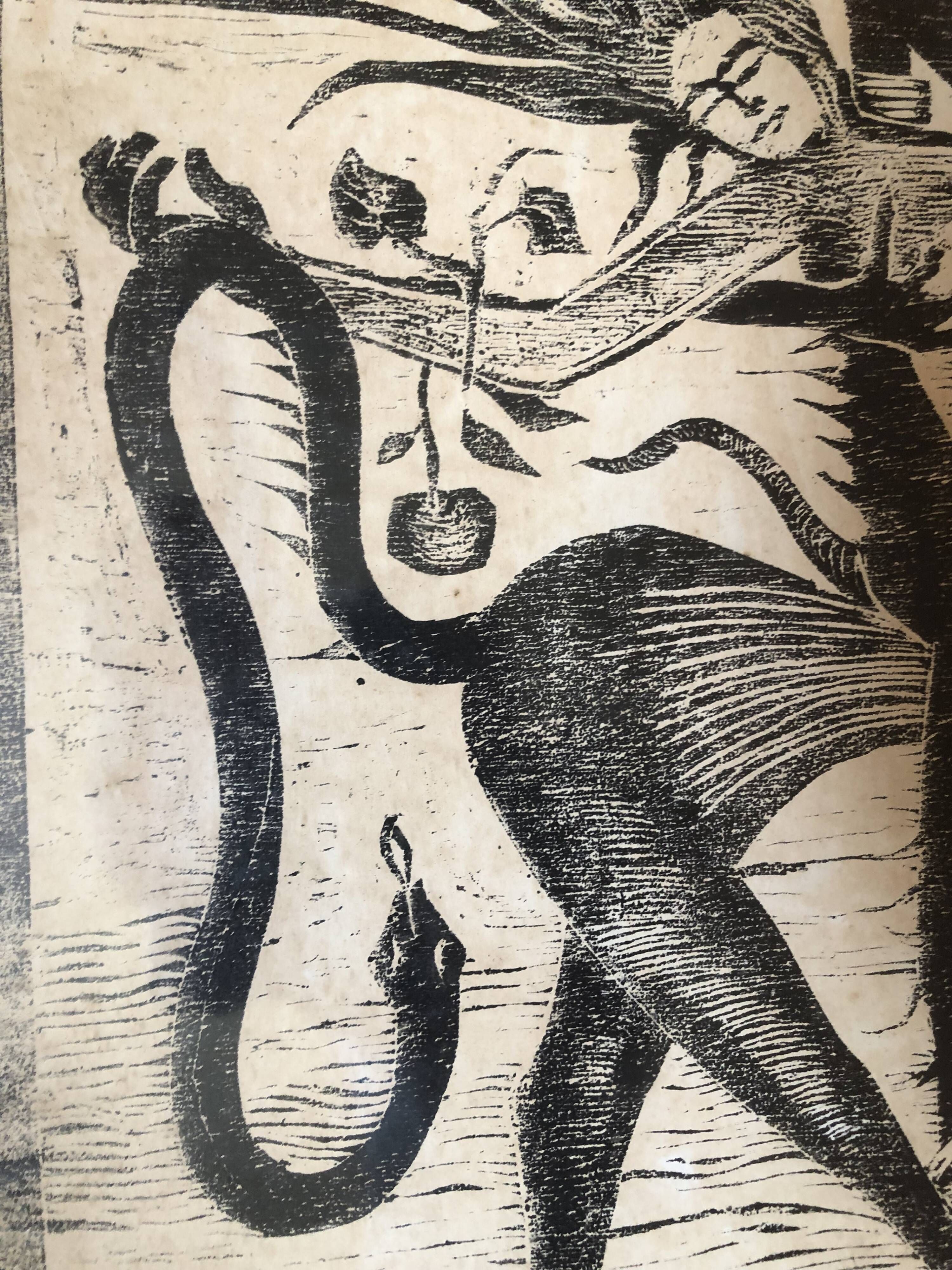 Black lithograph demon on horse carrying a young woman (eve) signed 3ki, surrealism glass frame
