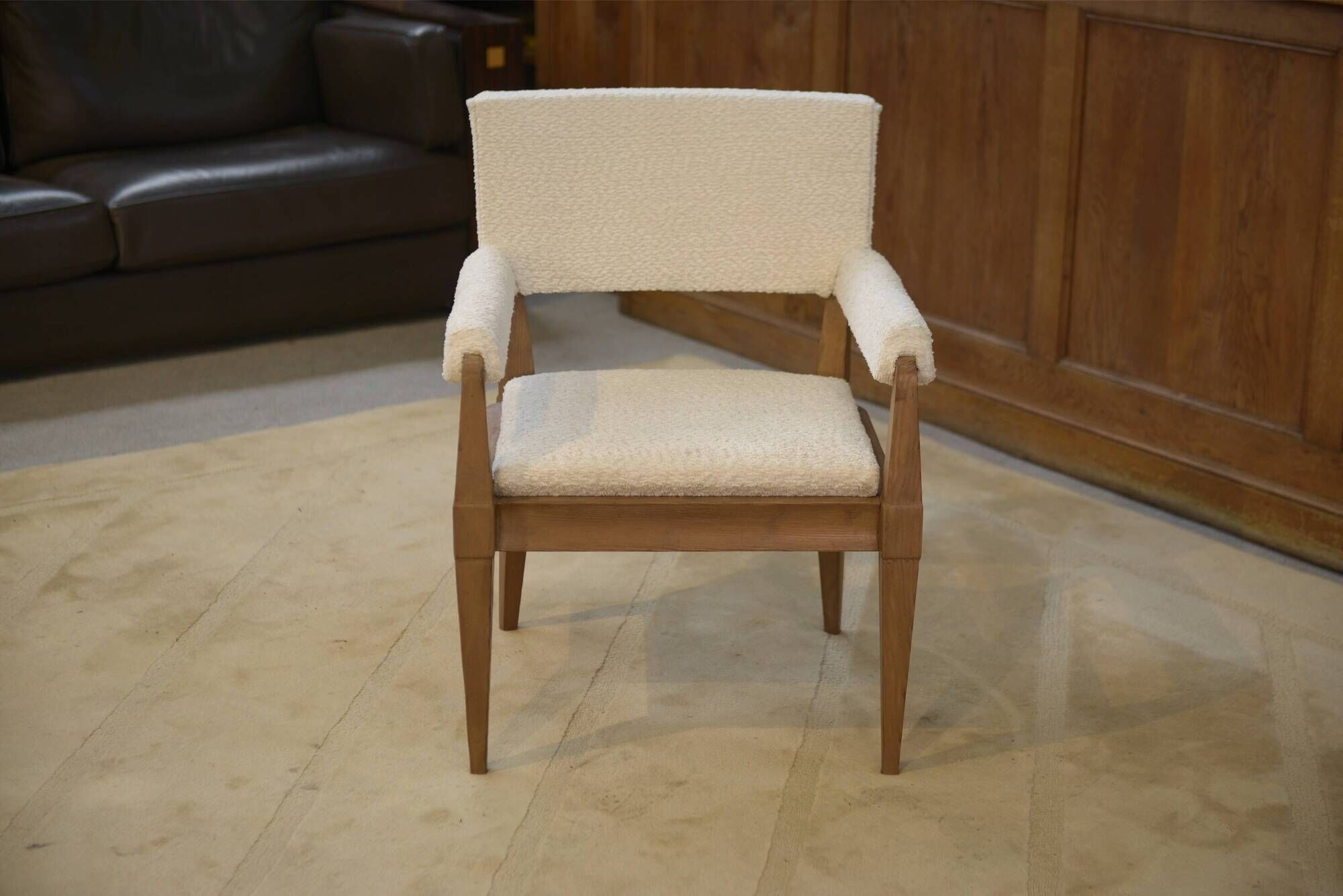 Art Deco modernist armchair in ash and cream boucle by Pierre Gouffé 1940s