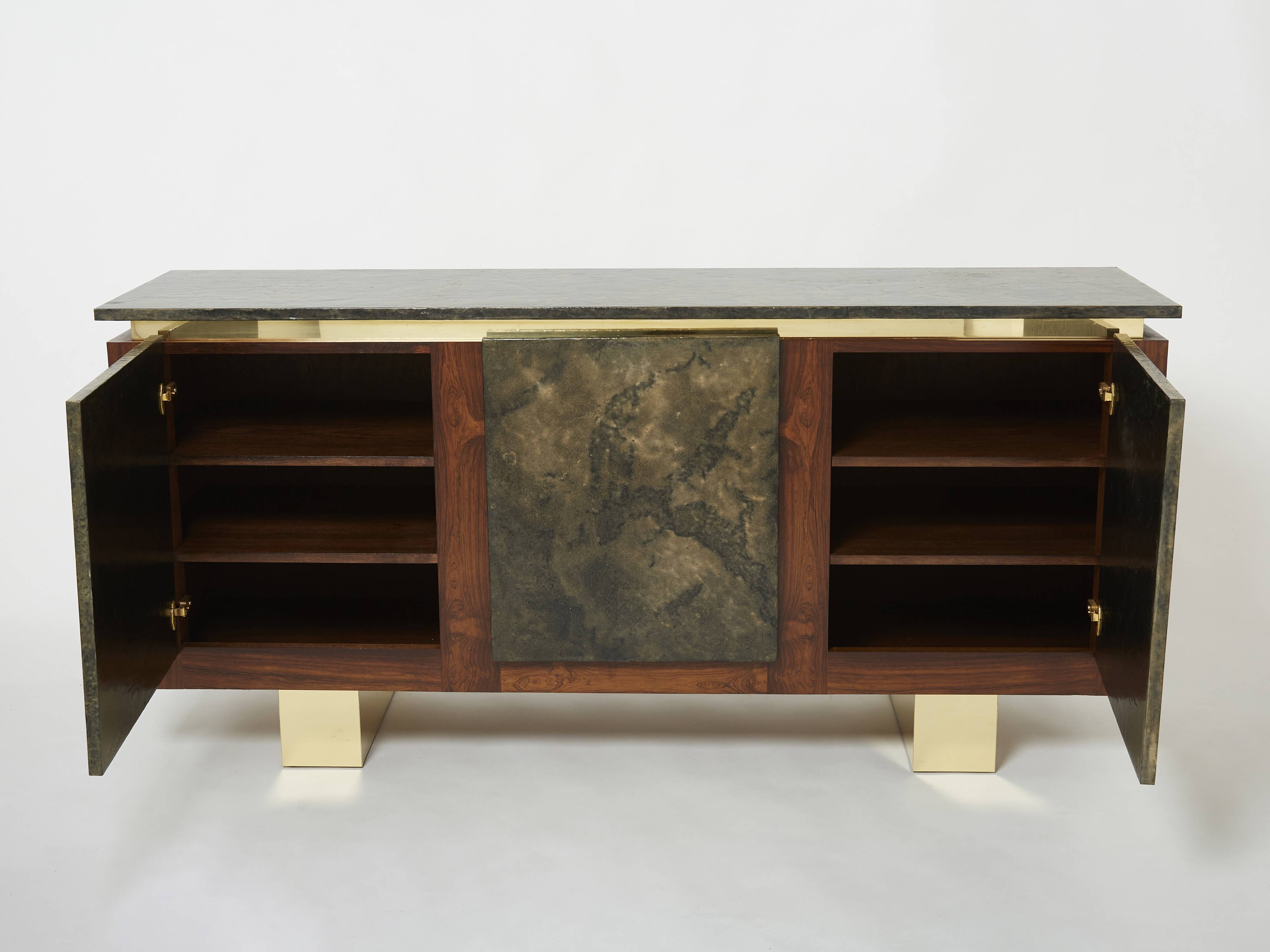 Brutalist Belgian enfilade in rosewood, resin, and brass from around 1970.