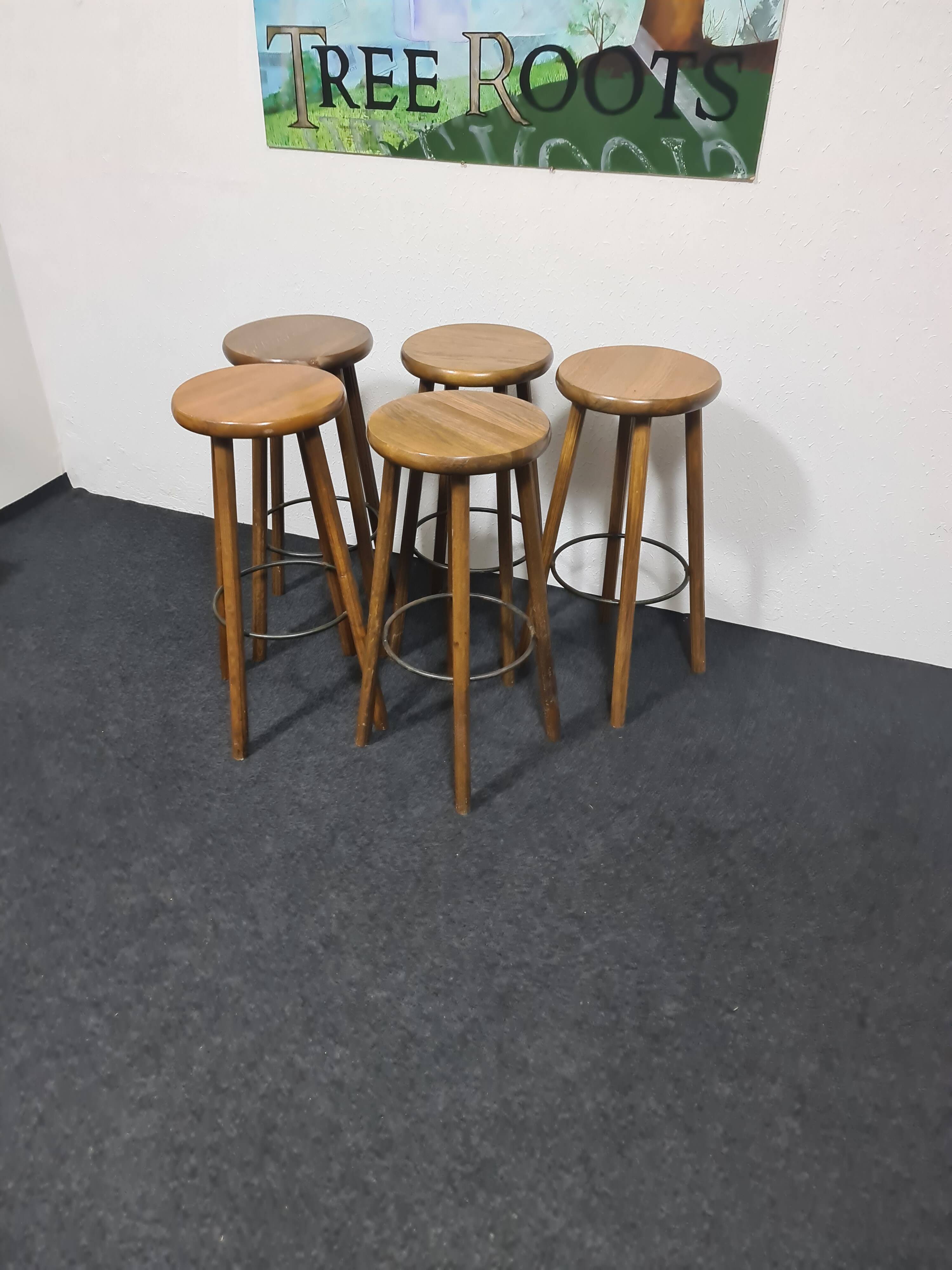Five vintage oak bar stools