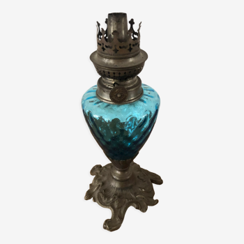 Oil lamp in glass and pewter