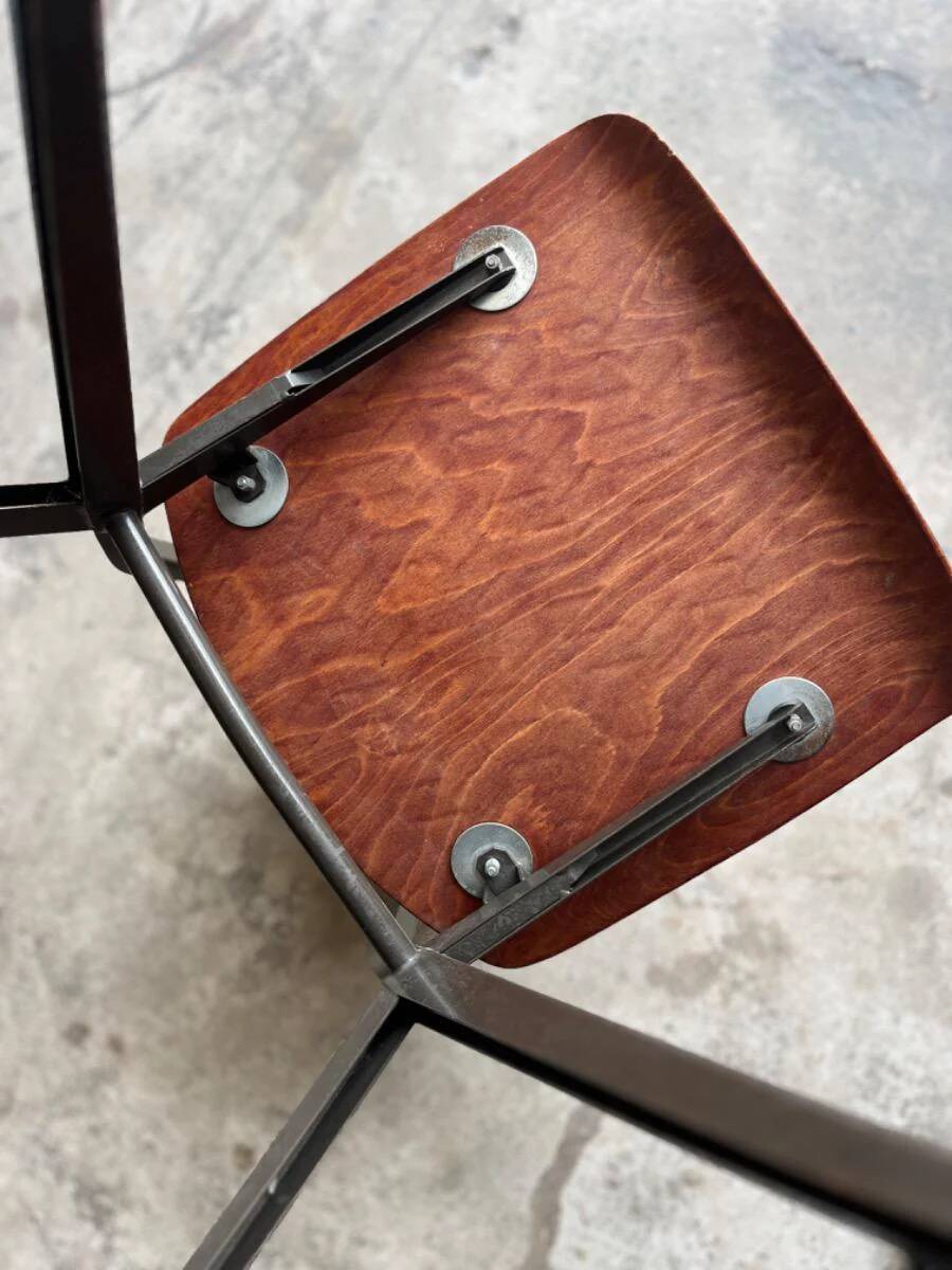 Set of 4 Eromes Marko Holland 1960s Chairs — Dark Wood Veneer Seats, Black Metal Frames