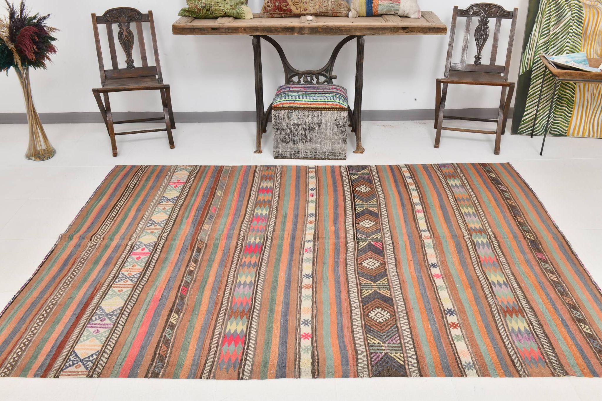 5x8 Orange Blue Striped Turkish Vintage Kilim Rug 170x245Cm