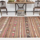 5x8 Orange Blue Striped Turkish Vintage Kilim Rug 170x245Cm