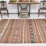 5x8 Orange Blue Striped Turkish Vintage Kilim Rug 170x245Cm