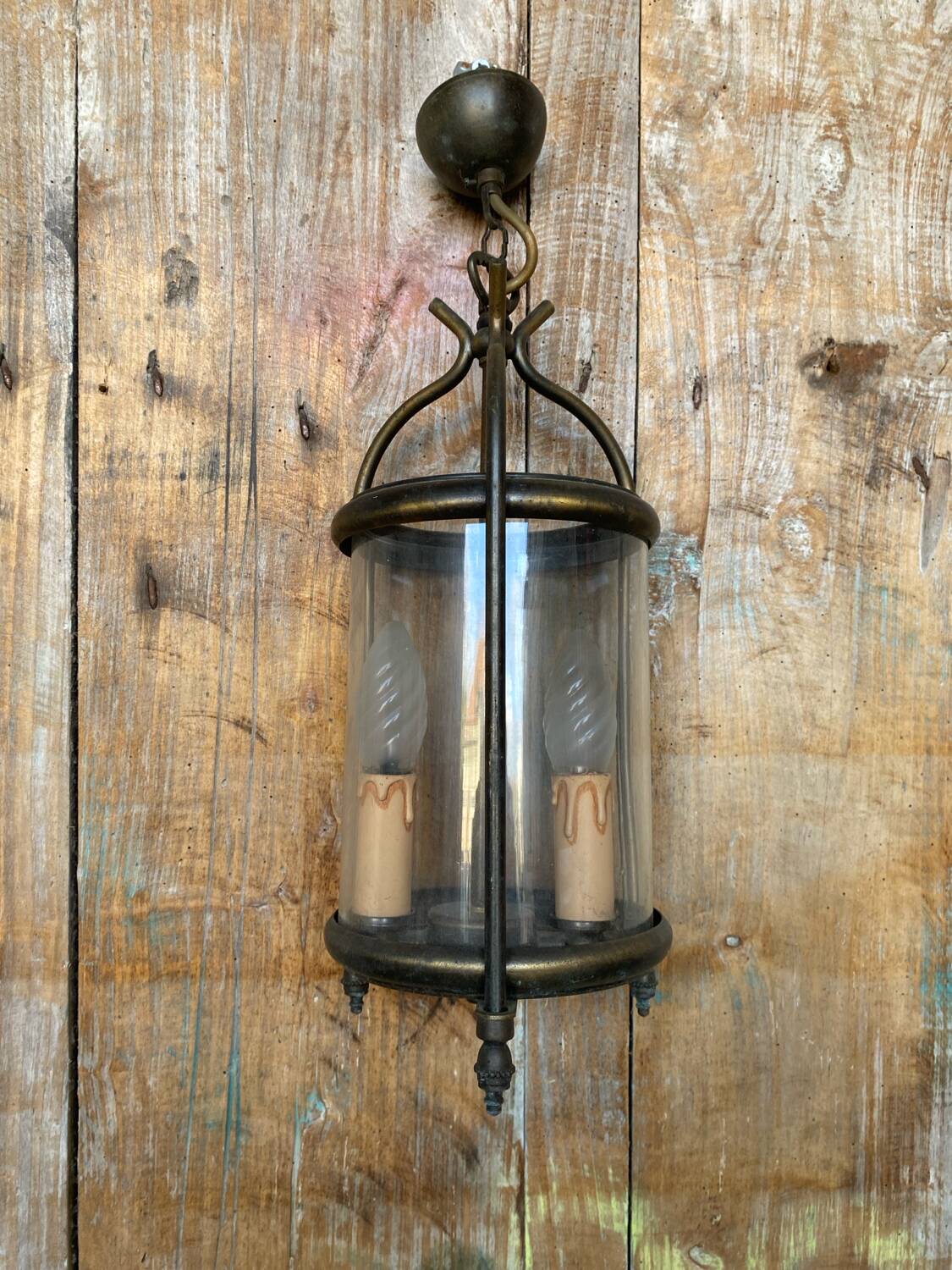 Antique brass lantern pendant light 2 lights + vintage glass cylinder