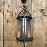 Ancienne suspension lanterne laiton 2 lumières + cylindre verre vintage