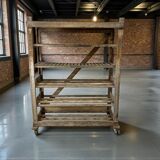 VINTAGE INDUSTRIAL WOODEN SHELF ON WHEELS