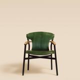 Maërl armchair, Galathée model, green leather, solid wood armrests of your choice