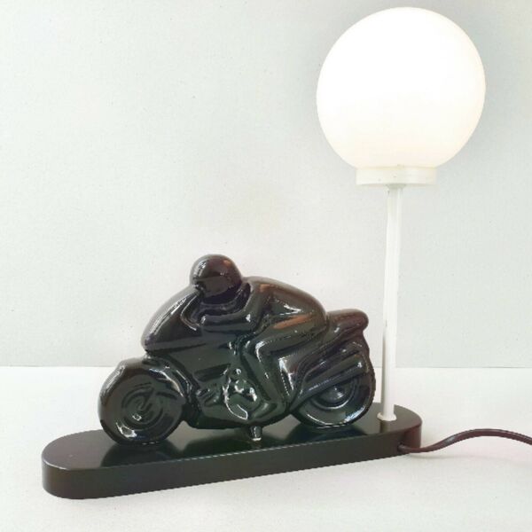 Lampe de table vintage 1980 moto en ceramique noire 80s 1980s