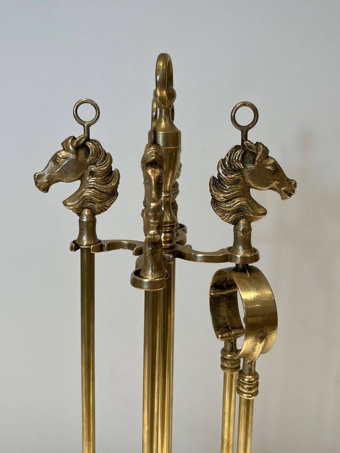 Neoclassical Brass Fire Tool Set with Horse Head Handles, in the