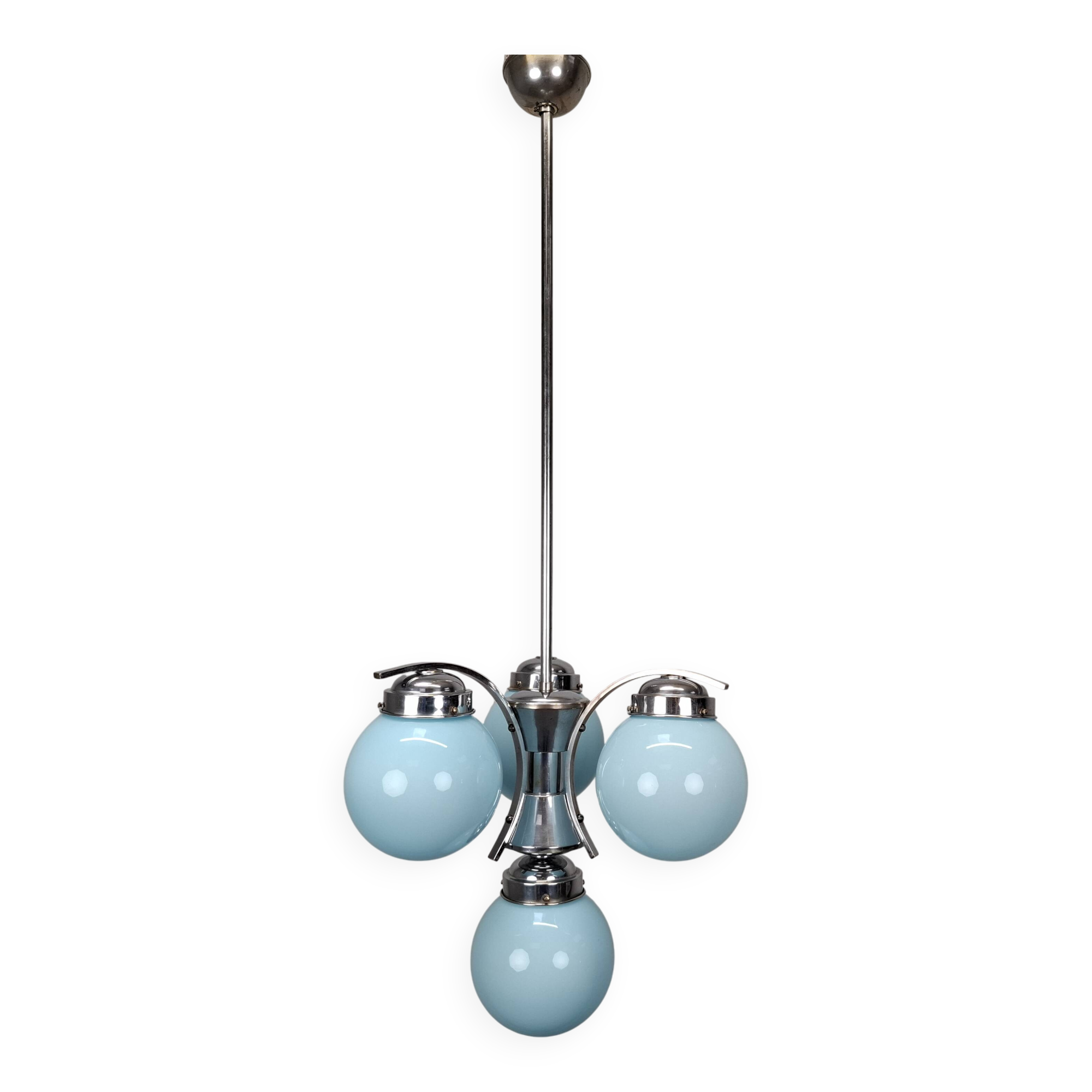 1930s Czech Art Deco Blue Opaline Glass and Chrome Four-Light Chandelier