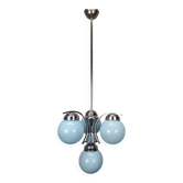 1930s Czech Art Deco Blue Opaline Glass and Chrome Four-Light Chandelier