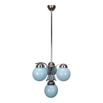 1930s Czech Art Deco Blue Opaline Glass and Chrome Four-Light Chandelier