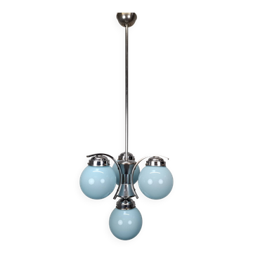 1930s Czech Art Deco Blue Opaline Glass and Chrome Four-Light Chandelier