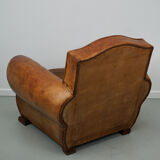 French moustache back cognac-colored leather club chair, 1940s