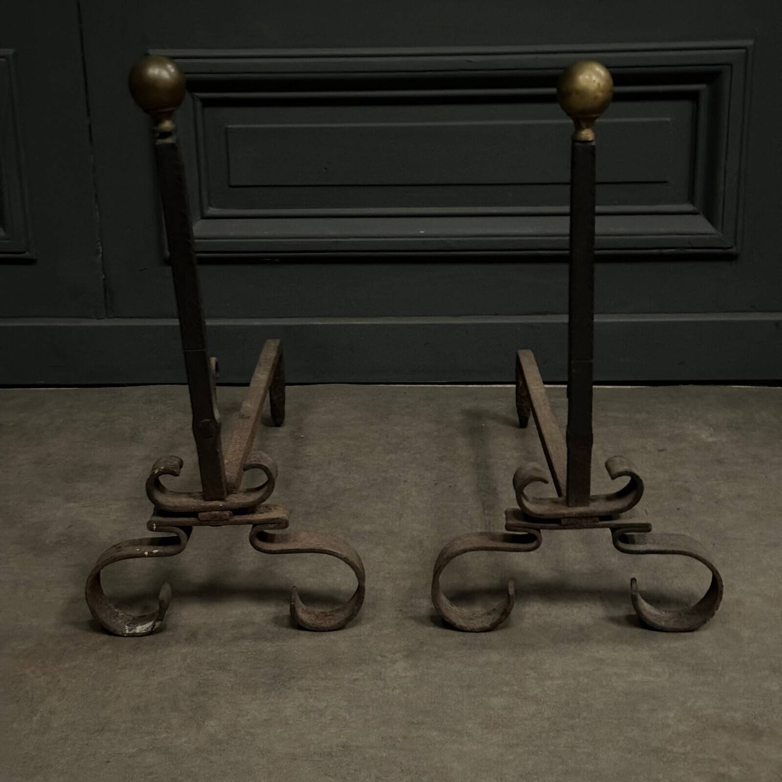 Pair of 19th century iron and brass andirons