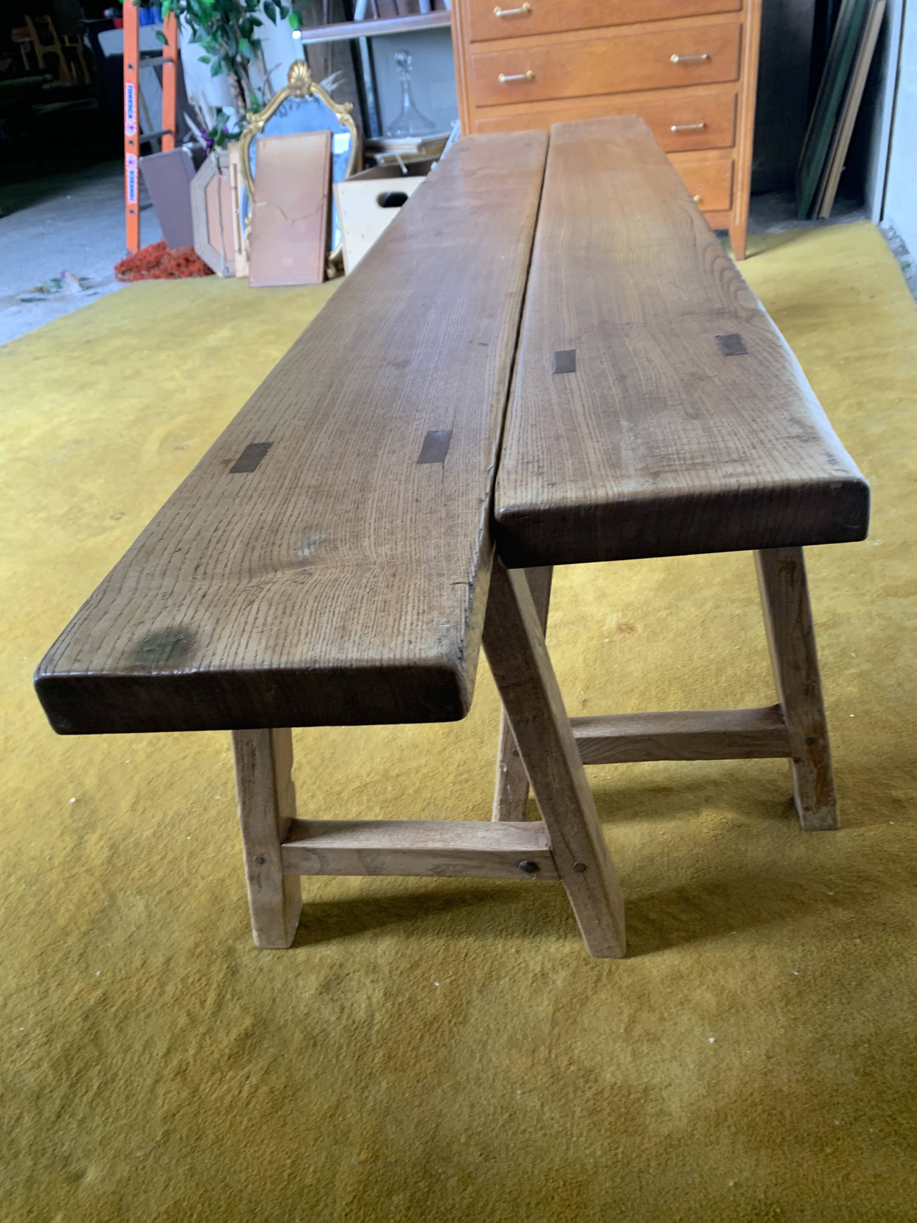 Duo of oak farm benches