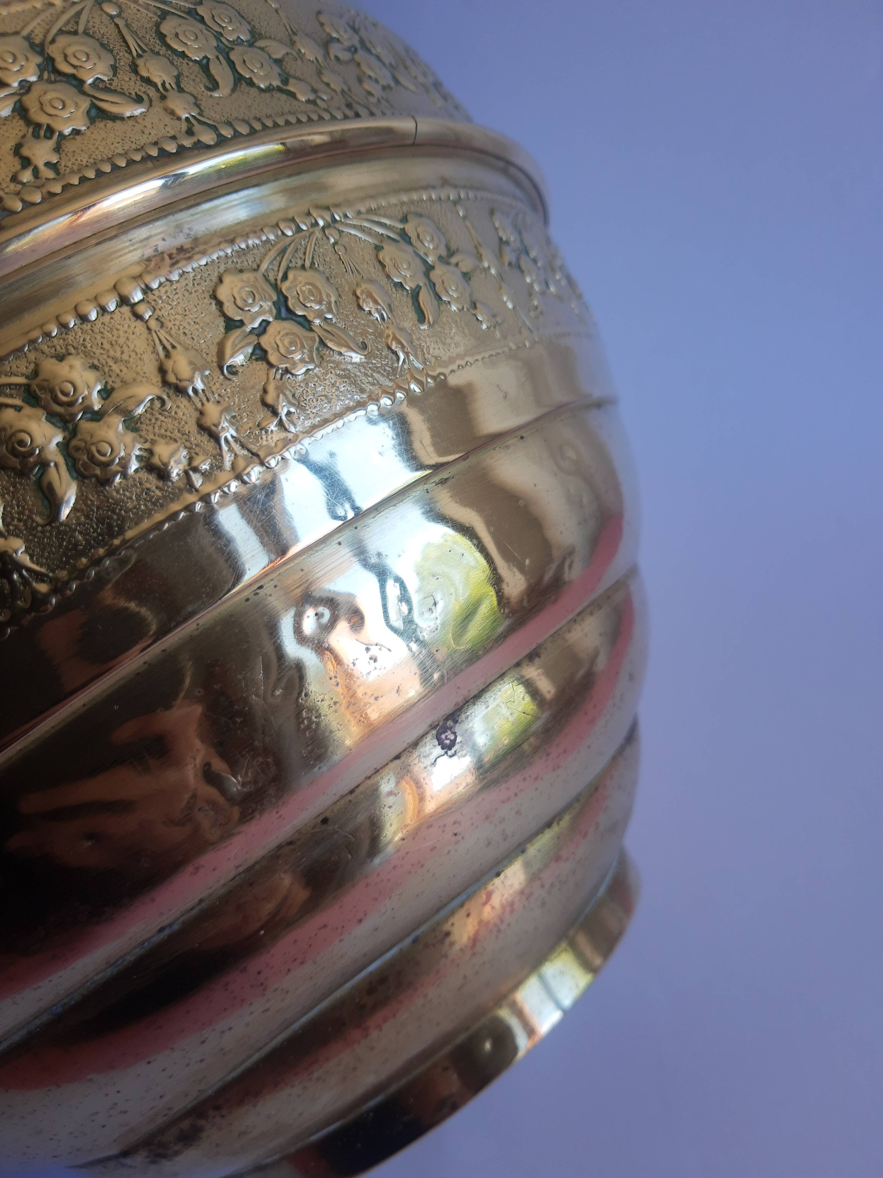 Old vintage brass floral frieze pot cover