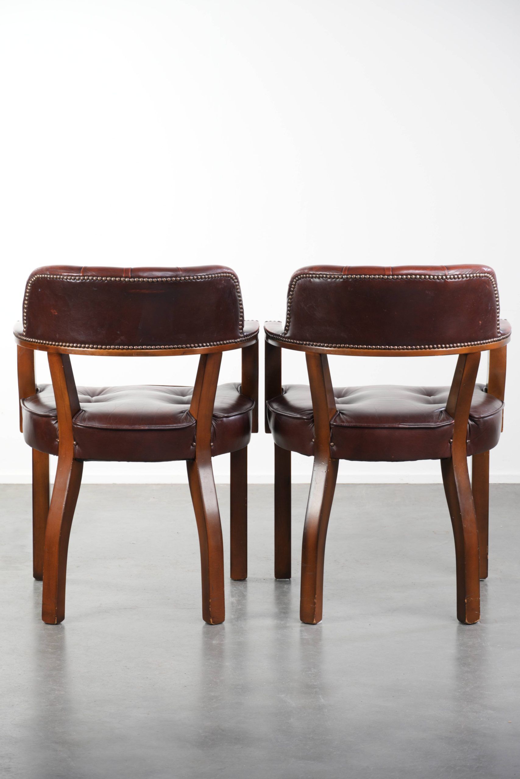 Set of two brown cowhide leather Chesterfield dining chairs