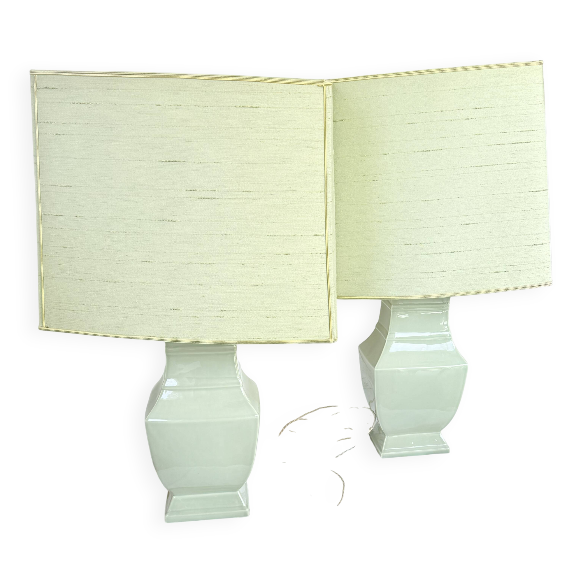 Pair of vintage celadon green ceramic lamps