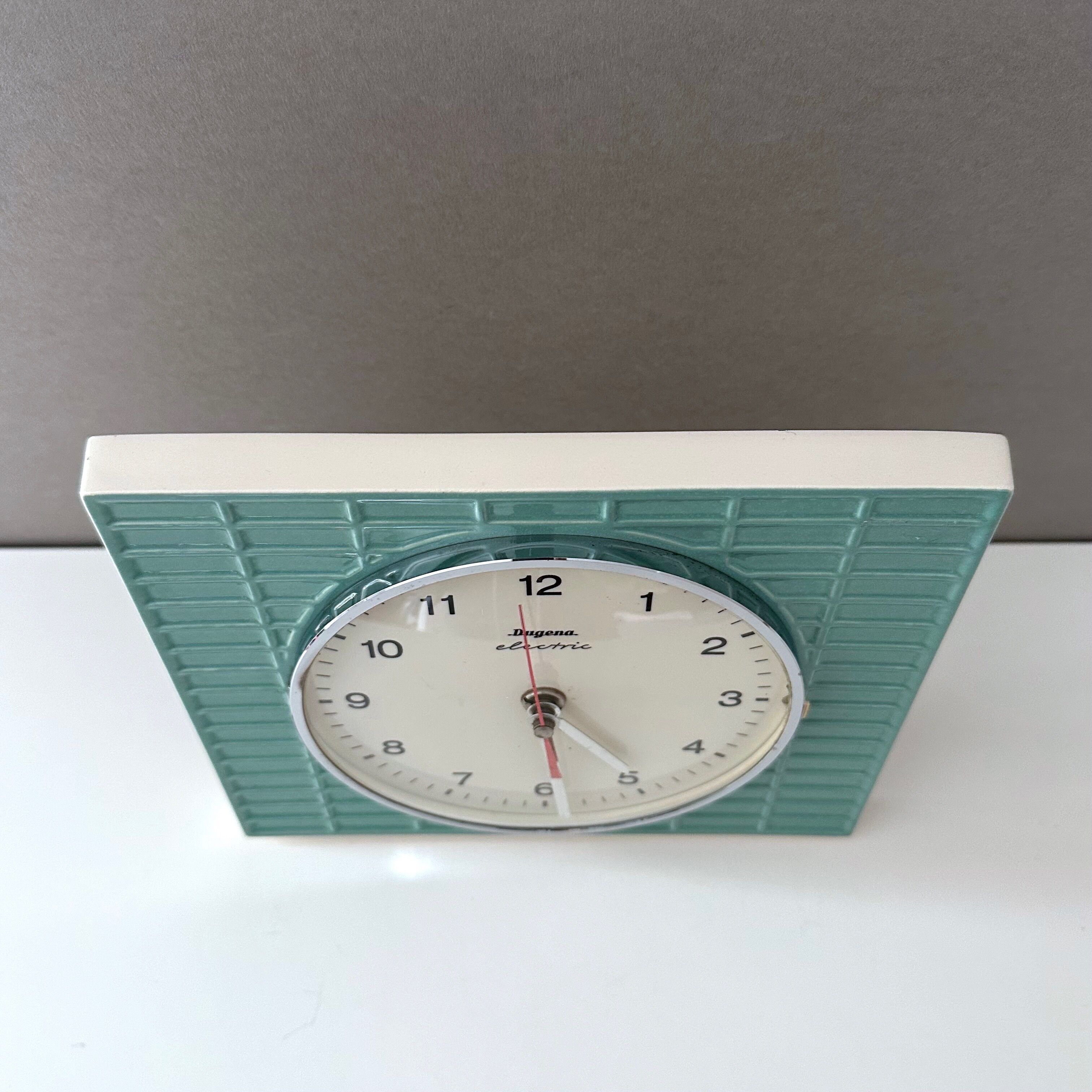 Vintage dugena wall clock, ceramic clock, pastel green, mid century clock