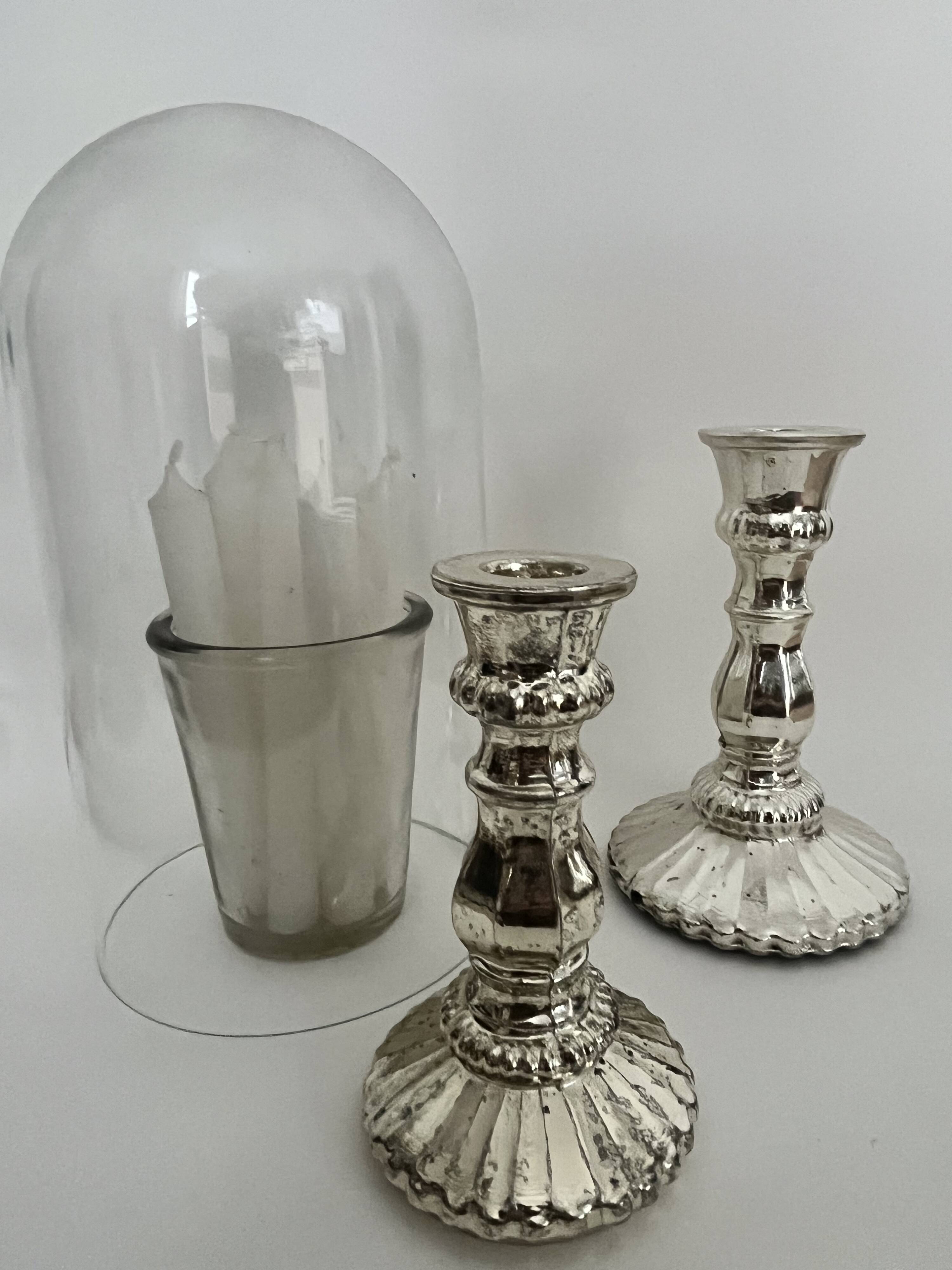 Pair of eglomisé glass candle holders, party decoration