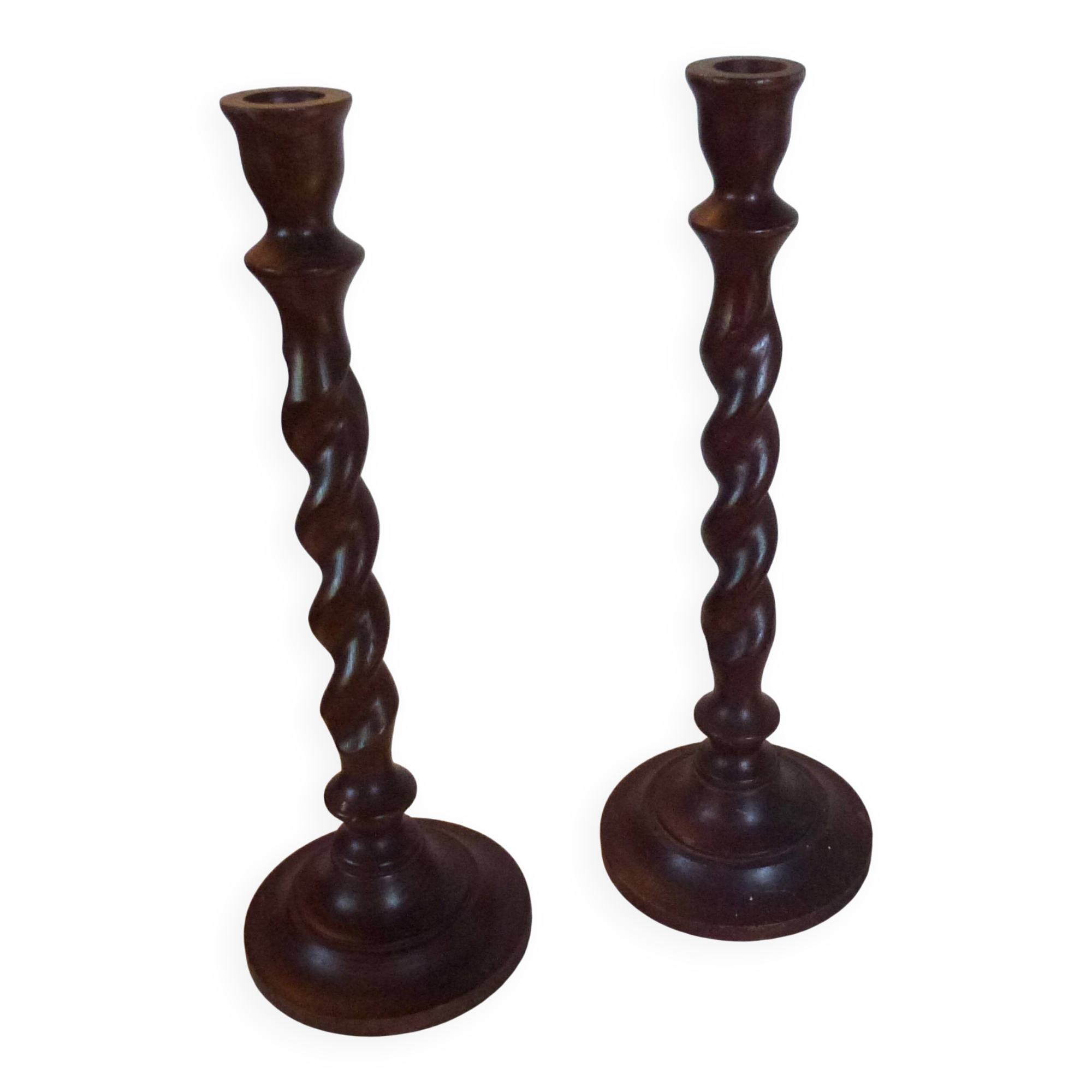 Pair of large vintage twisted wood candlesticks