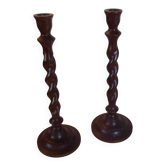 Pair of large vintage twisted wood candlesticks