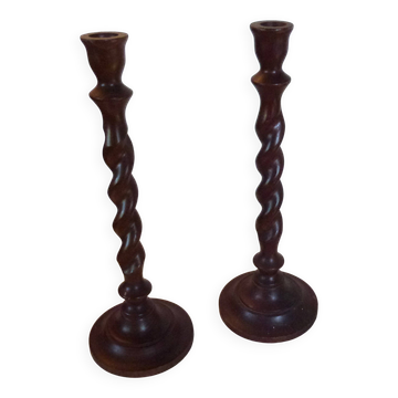 Paire de bougeoirs vintage en bois torsadé