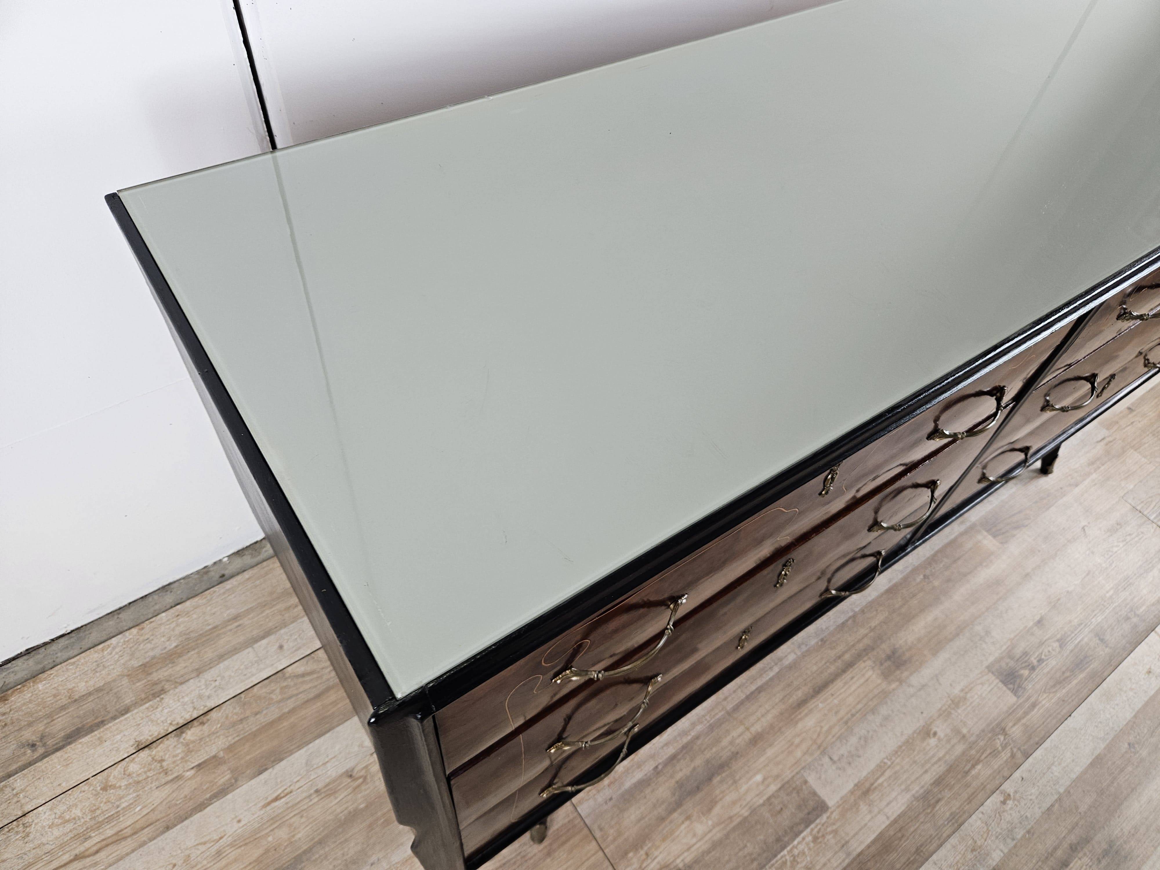 1960s chest of drawers in mahogany and lacquered mahogany with blue glass