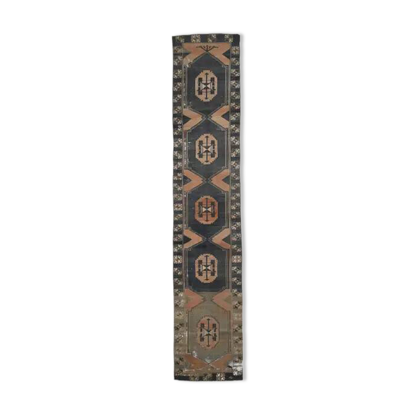 1970s Turkish Oushak Handmade Wool Cotton Green Runner Rug 112x574