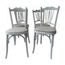 4 anciennes chaises de bistrot en bois courbé patinées gris perle, assises lin