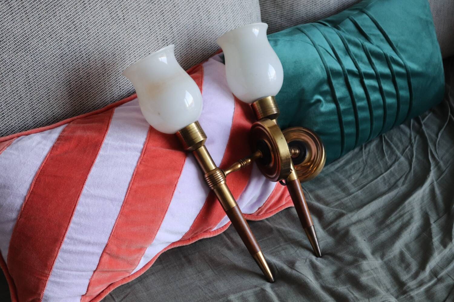 Pair of vintage Lunel house wood and brass wall lights