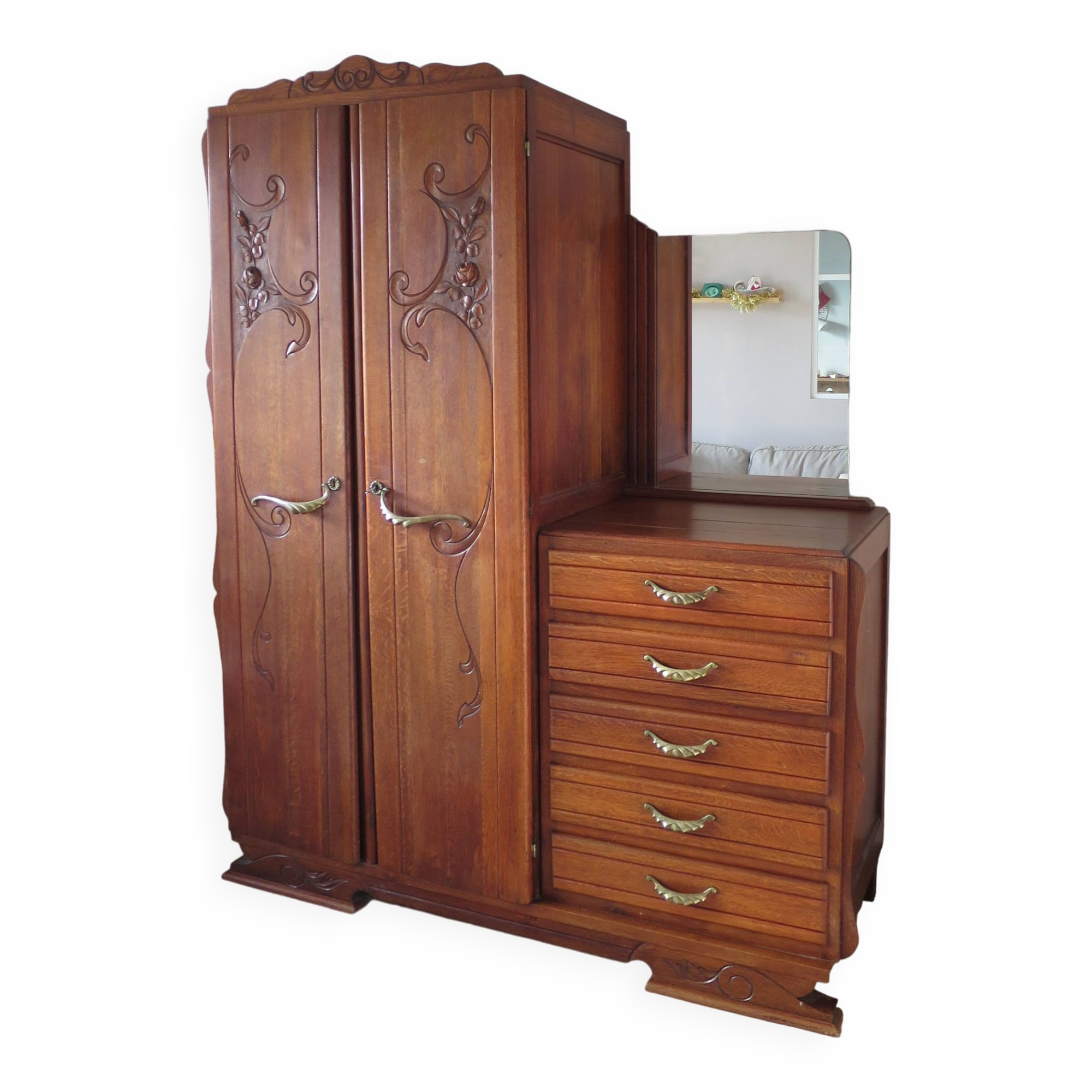 English asymmetrical chest of drawers - Art Deco - Mirror - 2 doors - 5 drawers - Mesh blond oak