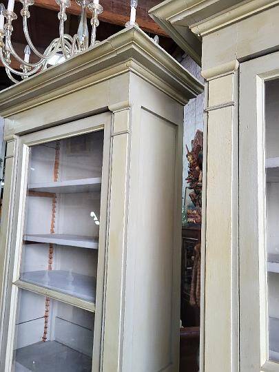 Magnificent pair of green painted fir bookcase display cabinet early 20th century