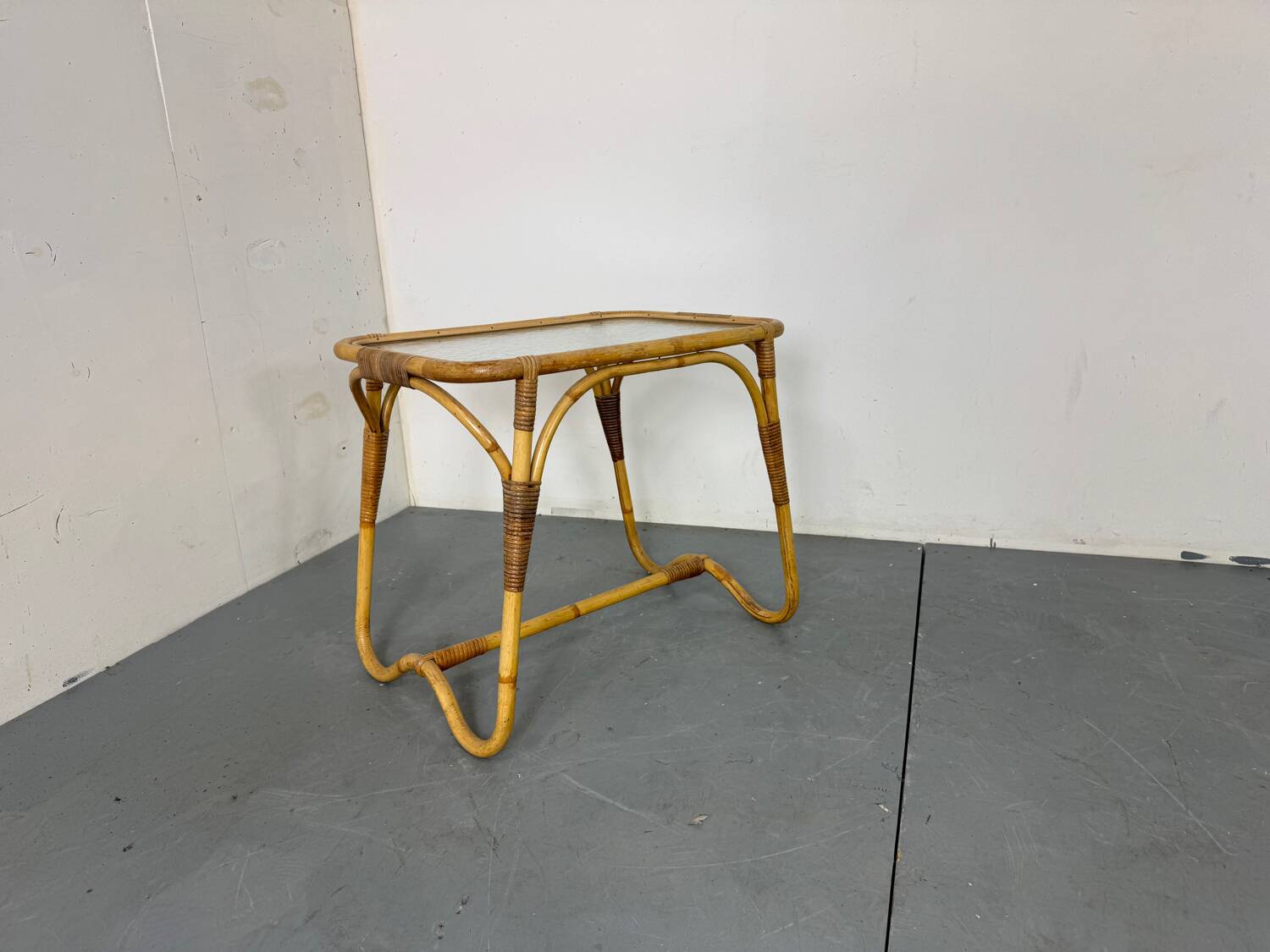 Vintage Bohémien Rattan Bamboo and Glass Side Table from Rohé Noordwolde,
