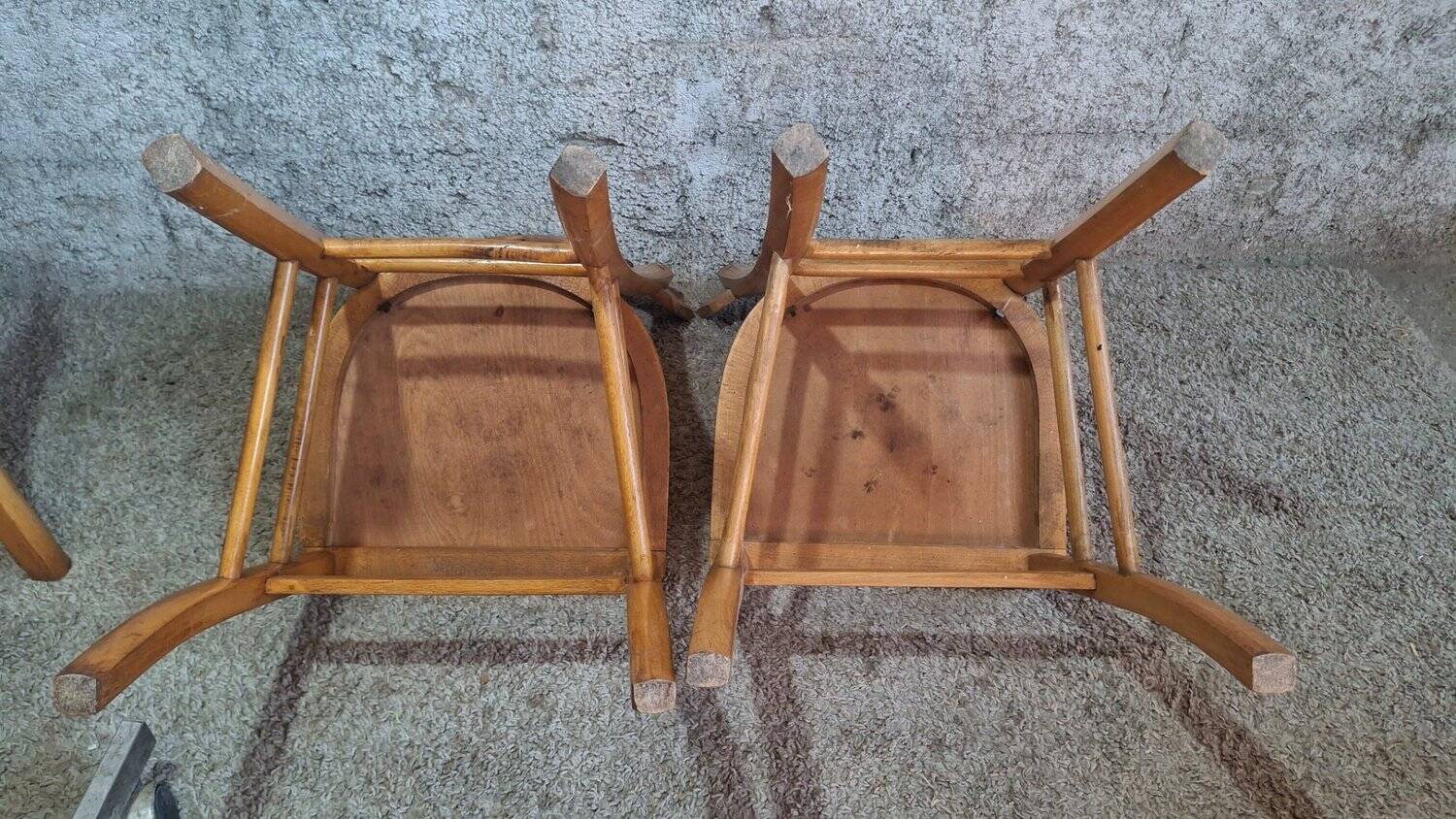 6 vintage bistro chairs from the 1950s, beech wood, repainted mismatched seats.