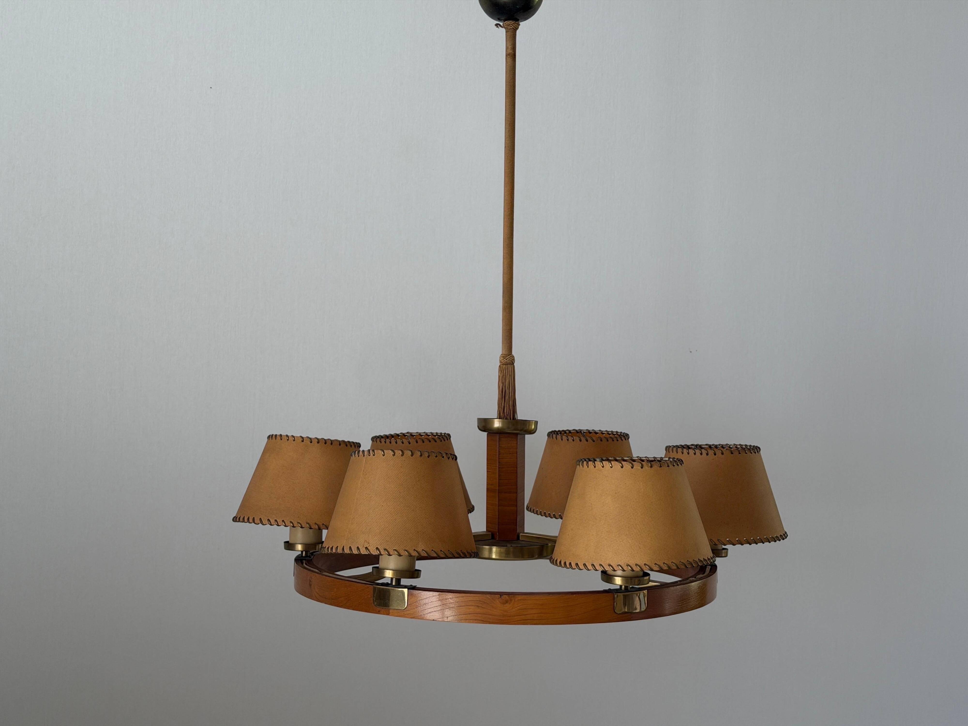 6 wooden paper head chandeliers with brass details, 1960s, Germany