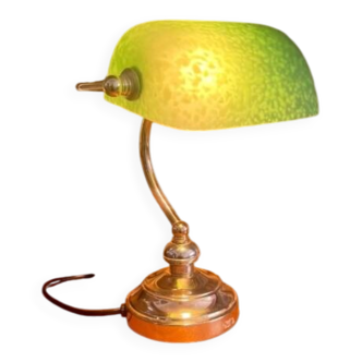 Vintage banker lamp with speckled green glass – chrome notary style