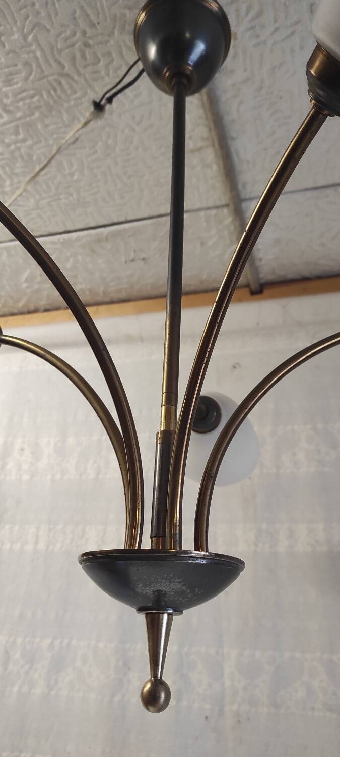 5-light chandelier in metal and opaline - mid-20th century