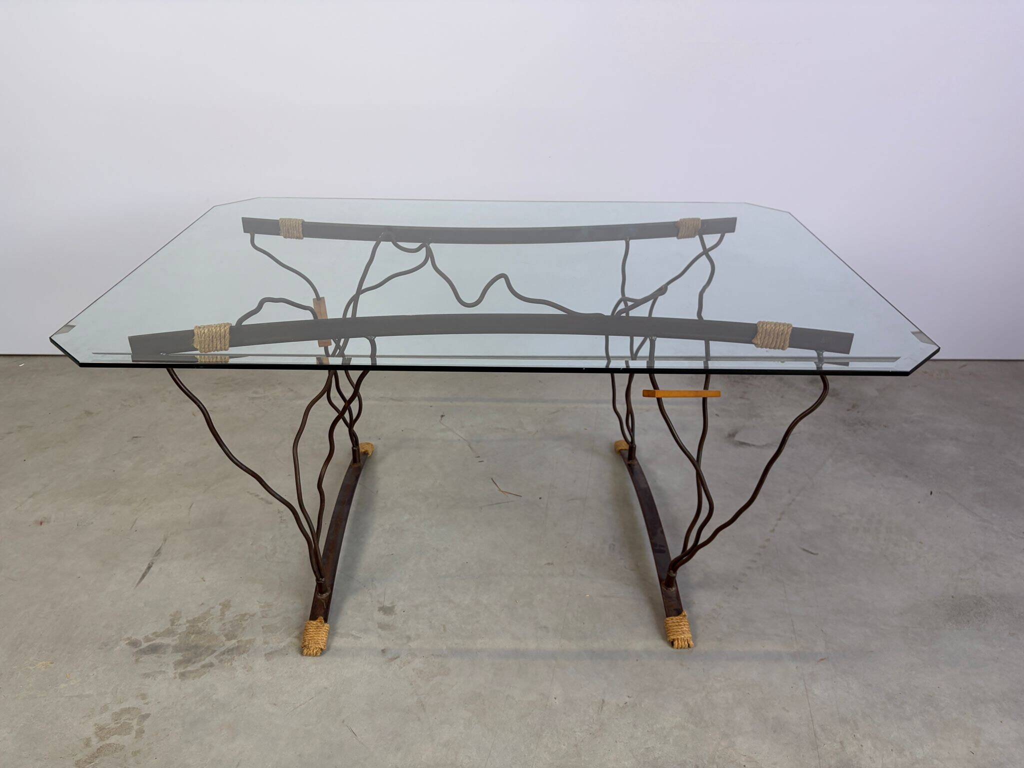 Table à manger vintage en fer forgé et verre, années 1970