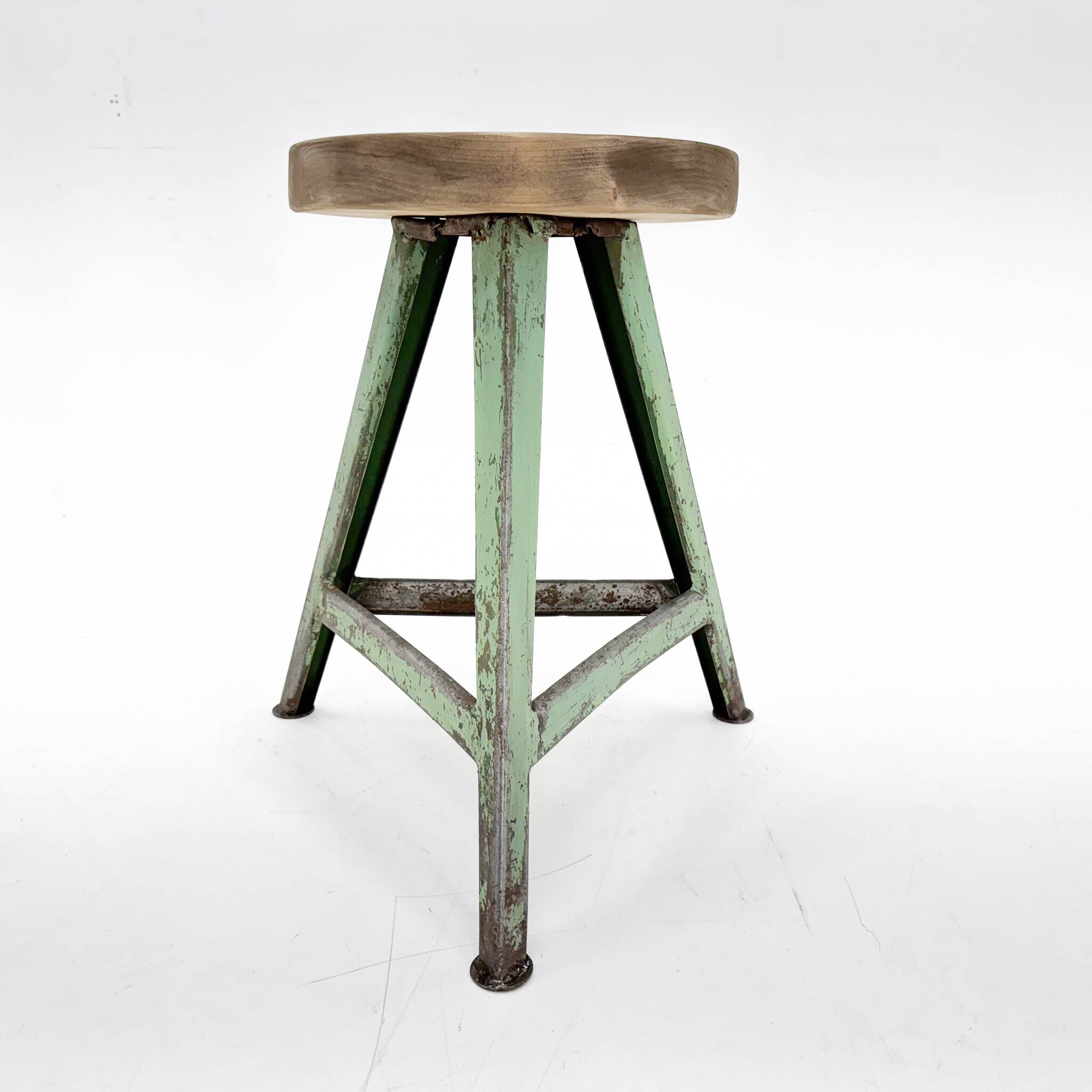 Vintage industrial steel & wood tripod stool, 1950's