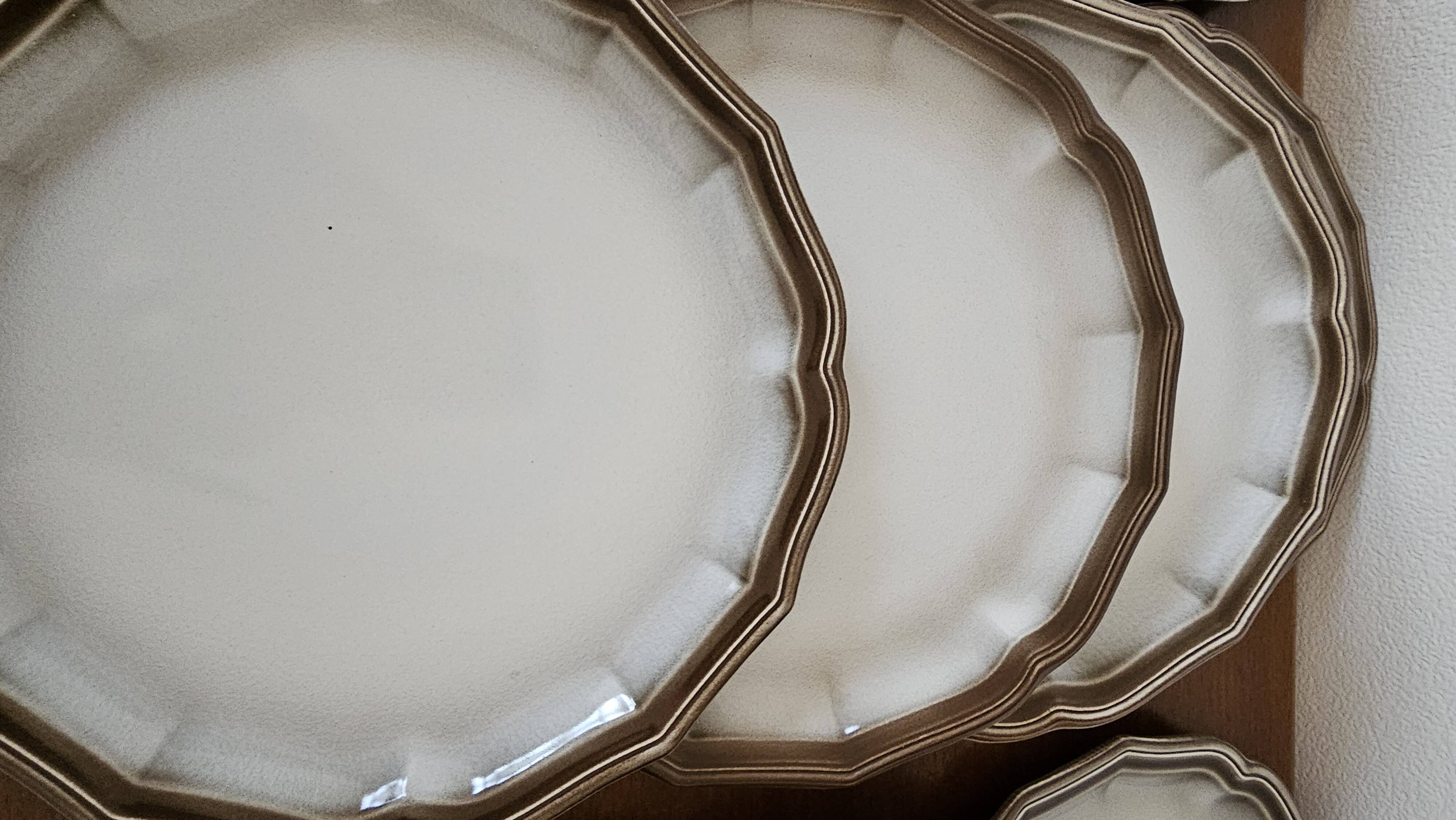 Service of 12 flat plates Salins France, taupe rim.