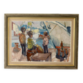 Peinture à l'huile sur toile originale suédoise du milieu du siècle " Harbour " - par Nils Sewerin - Vintage et encadrée